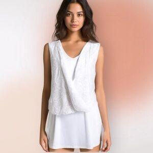 Alfani Sleeveless Asymmetrical White Tank‎ Top with Draped Lace Overlay Med